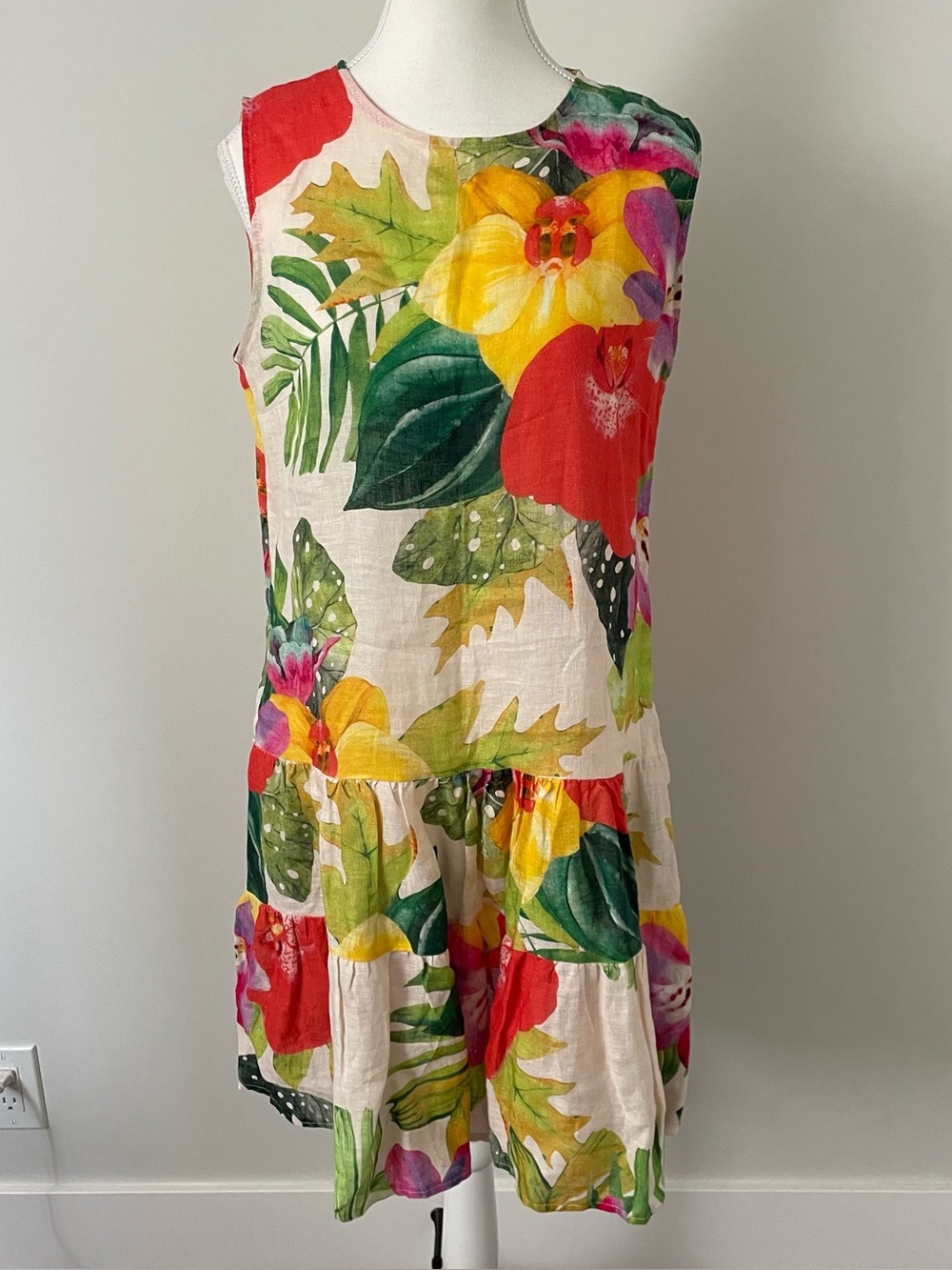 Allegra Masetti 100% Linen Floral Mini Dress Tiered Drop Waist Italy Size Small